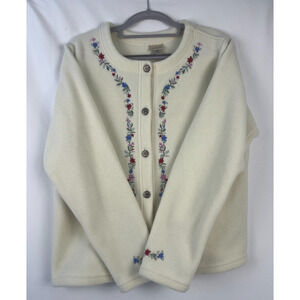 LL BEAN Jacket Womens White Cream Size L Floral Fleece Party Holiday Mom Wife